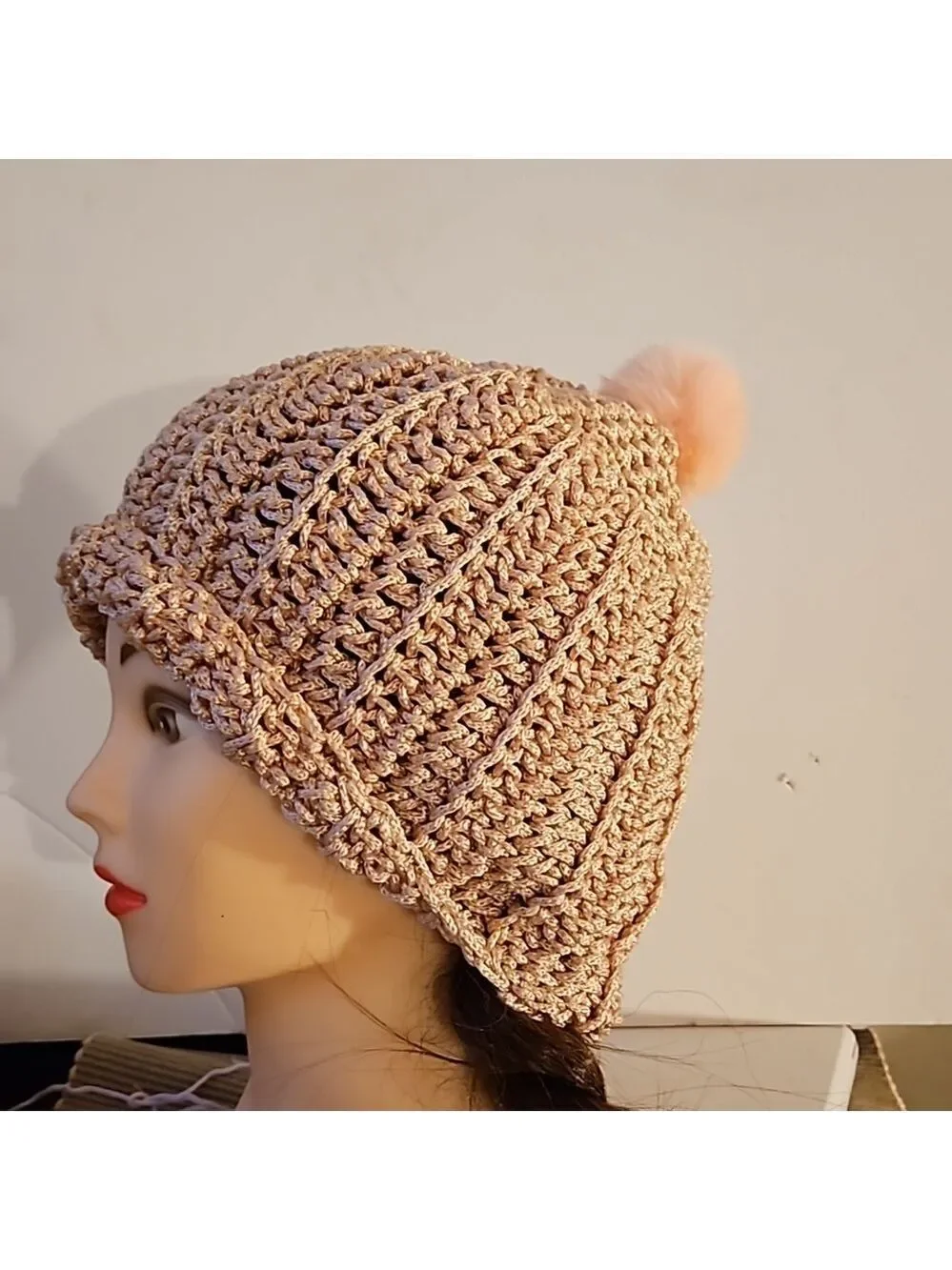 Handmade Crochet Pom pom Beanie hat Pink hollow out stitch Retro Nylon Art